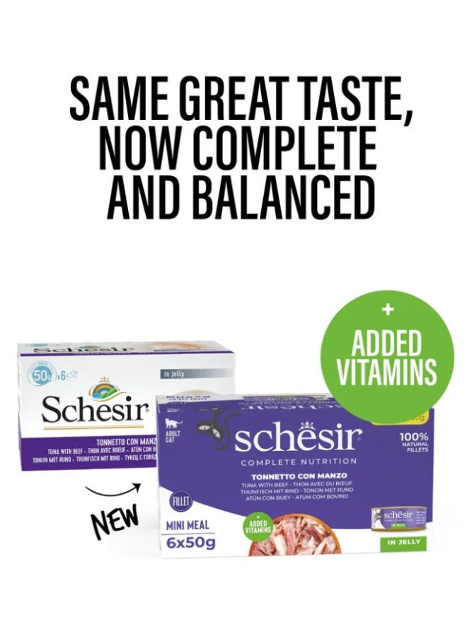 Schesir Complete Nutrition Mini Meal for Adult Cats – Tuna with Beef in Jelly – 100% Natural Fillets with Added Vitamins – 300 g (6 x 50 g Cans) - Image 3